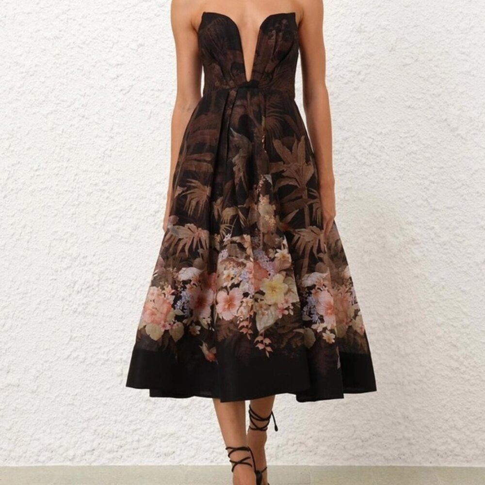 Zimmermann Black and Brown Floral Midi Dress